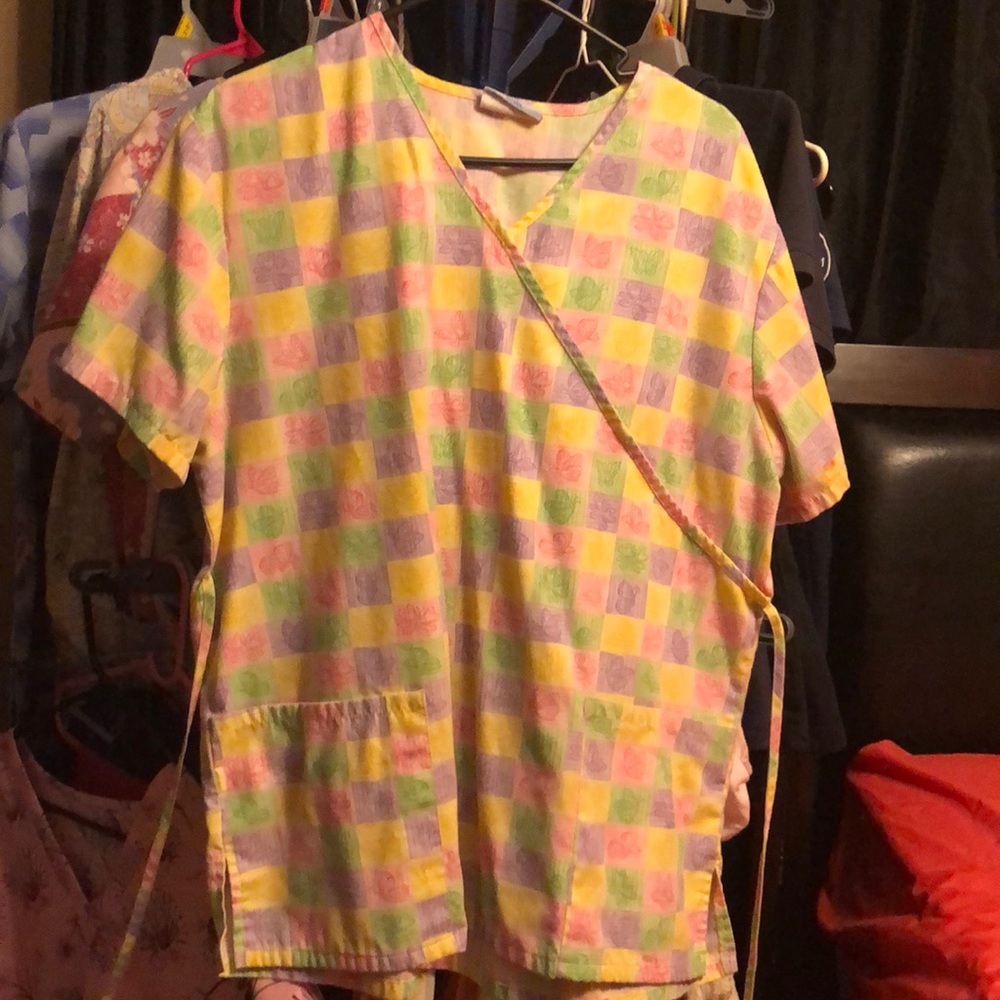 Multicolored butterfly scrub top